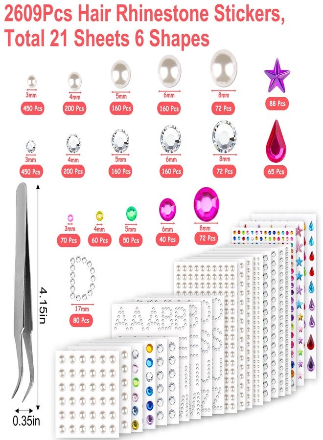 XANGNIER 2609 Pieces Hair Gems,Hair Jewels Diamonds and Letters Rhinestones with Tweezers,Hair Pearls Stick on,Self Adhesive Bling Rhinestone Stickers for Crafts,Face,Eye,Nail,Clothing,6 Shapes, 3-8mm - Image 3